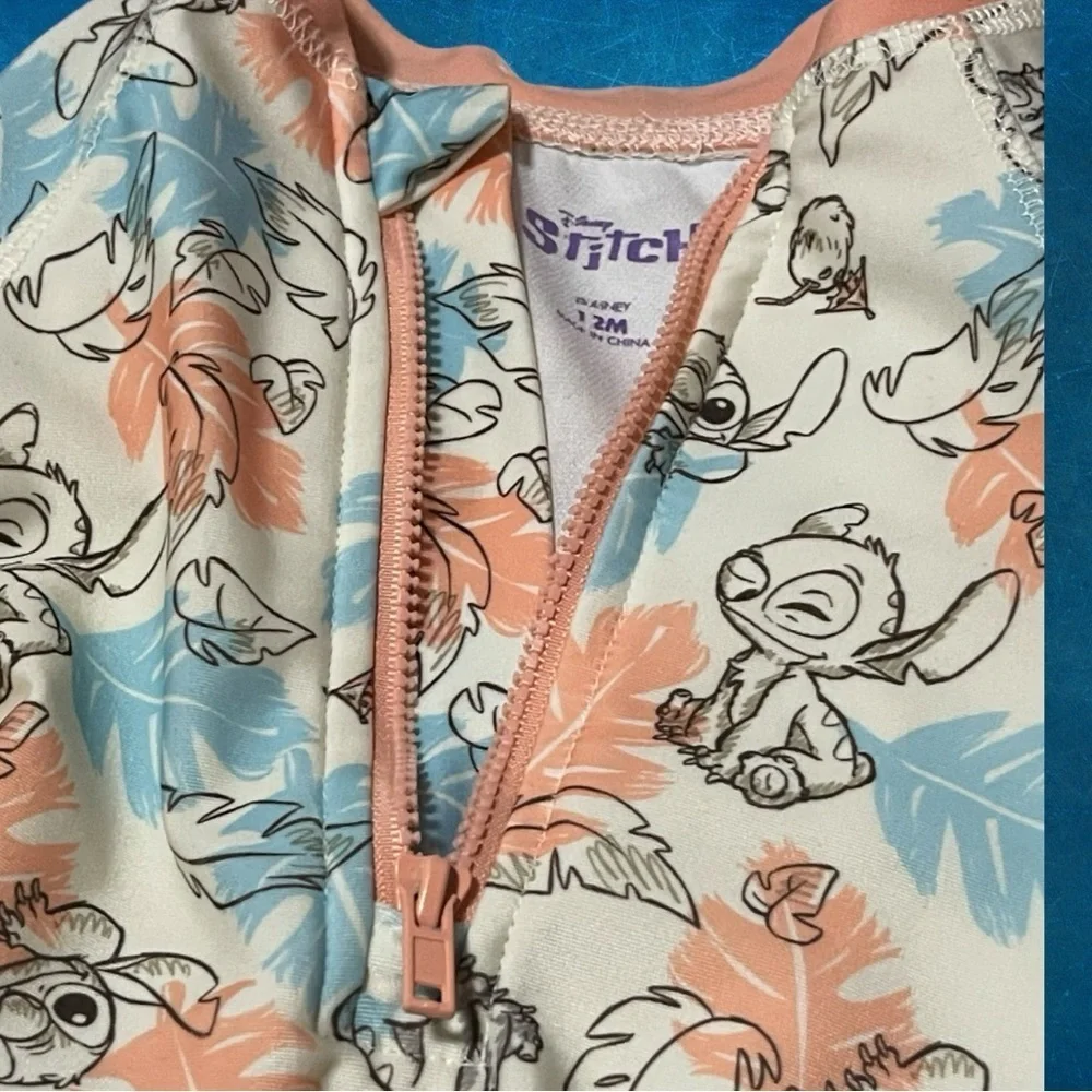 Disney Stitch Toddler Rashguard Swim Suit One Piece - Blue and Orange 12 months